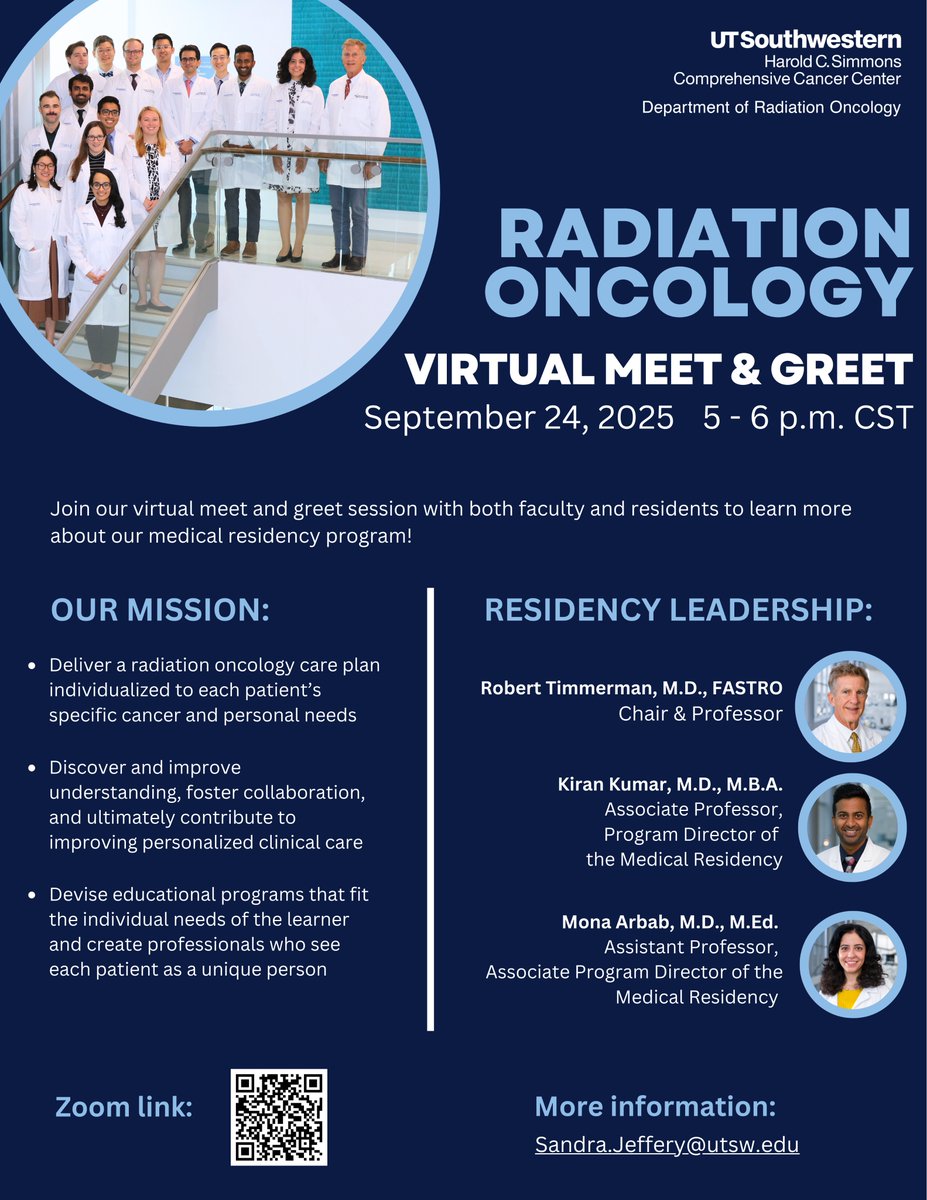UTSW_RadOnc's tweet image. Do you have an interest in radiation oncology? Join our Virtual Meet and Greet next Wednesday! You&apos;ll have the opportunity talk with some of our faculty and medical residents about our medical residency program!

Zoom link🔗: bit.ly/46bdKQU