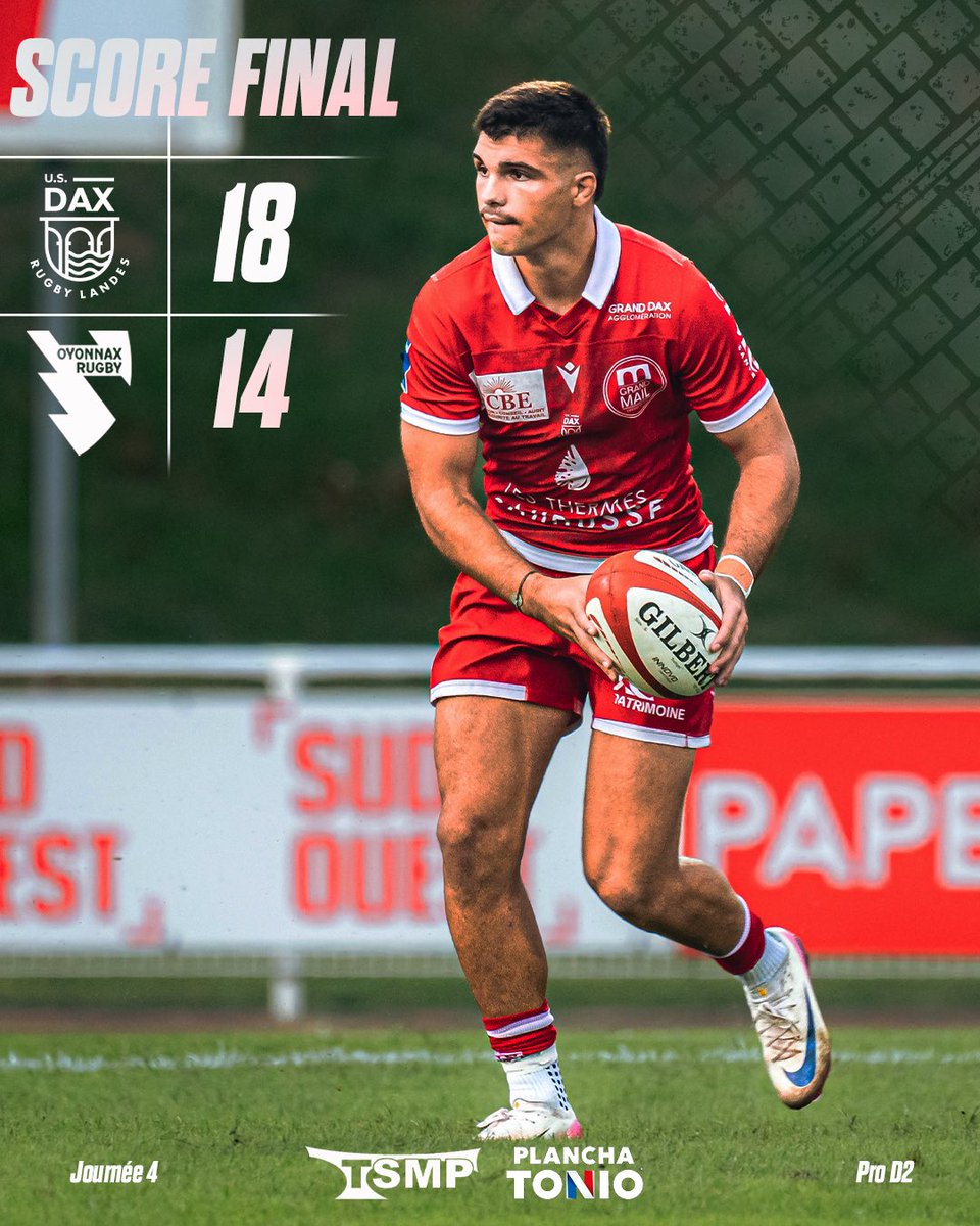 𝗣𝗥𝗘𝗠𝗜𝗘𝗥𝗘 𝗩𝗜𝗖𝗧𝗢𝗜𝗥𝗘 😍

Au bout du suspens nos Dacquois se sont offerts la 1ère victoire de la saison ! Quel groupe, quel bonheur !

Notre partenaire TSMP-PLANCHA TONIO vous annonce la victoire Dacquoise !

U.S.DAX RUGBY LANDES 18-14 <a href="/OyonnaxRugby/">Oyonnax Rugby</a> 

#usdax #victoire