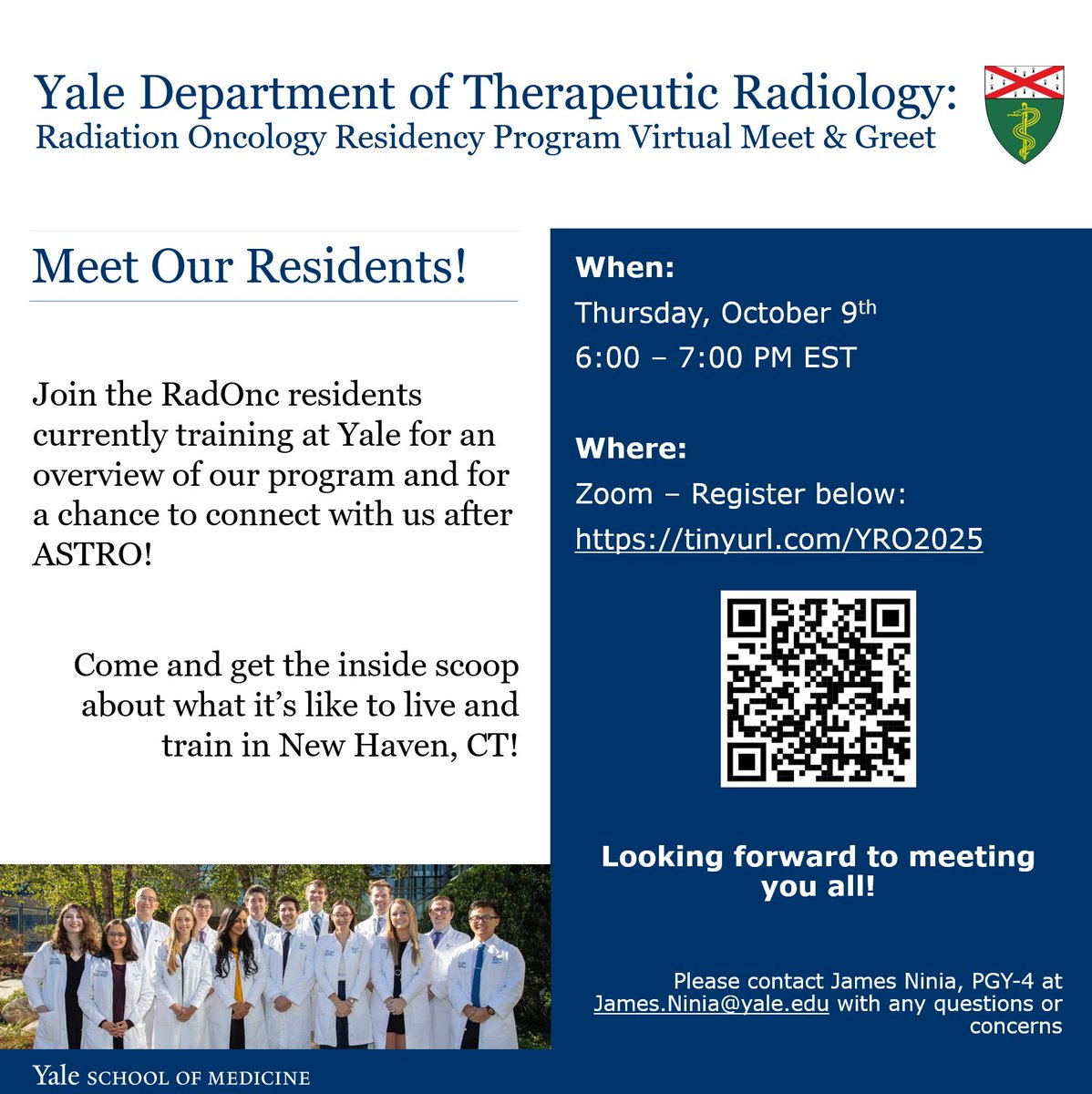 🌟 Are you a current medical student thinking about specializing in Radiation Oncology? Come and meet the residents behind the white coats! 🌟
Join us for a virtual hangout after ASTRO to learn about life &amp; training at Yale Radiation Oncology.
📅 Oct 9 | 6–7 PM EST | Zoom