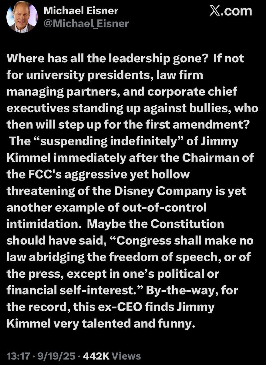 Former Disney CEO Michael Eisner slammed current CEO Bob Iger over ABC pulling Jimmy Kimmel’s show off the air.
