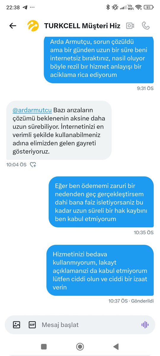 ardarmutcu's tweet photo. @TurkcellHizmet @Turkcell @ttnet @turkcell bı zahmet adam yerine koyup ciddi bir izahat verin, siz nasıl bu kadar şımarık açıklama yapabilmeye başladınız. Bir günden uzun hizmet alamayacağım bazı arızalar diyip konuyu kapatmak yok lütuf etmiyorsunuz bu hizmeti siz bana https://t.co/Kc2zcvlSOK