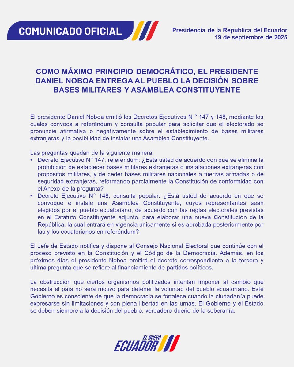 educhi_2010's tweet photo. Daniel Noboa convoca a una Asamblea Constituyente y darle fin a la Constitución Pro delincuente y Socialista que tanto daño nos hace.  Apoyas esta medida? Yo si🇪🇨 https://t.co/YnZwfBVOD6
