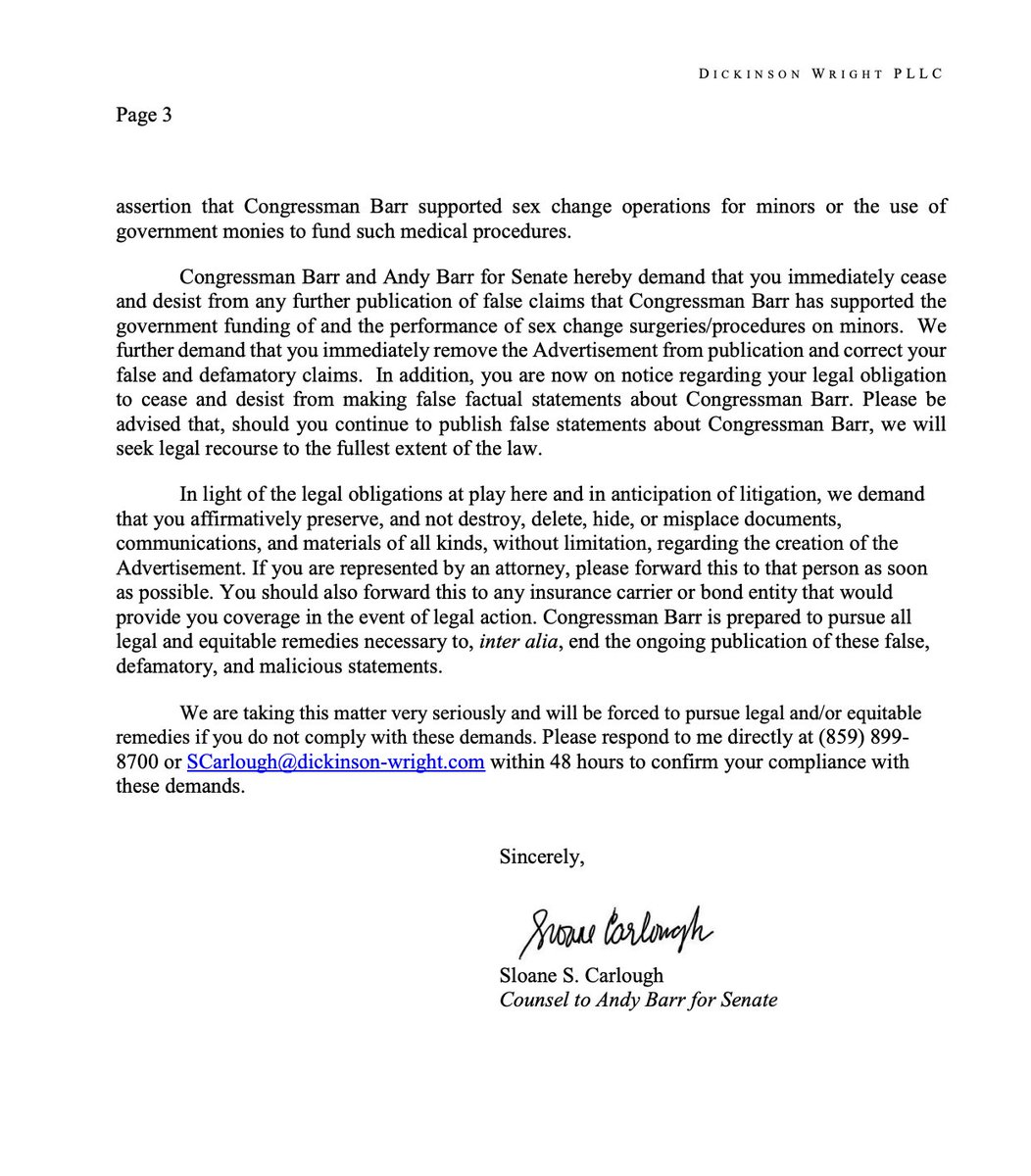 New: Andy Barr's campaign sends a cease and desist to Club For Growth, claiming their ad against him contains "false and malicious allegations regarding Congressman Barr."