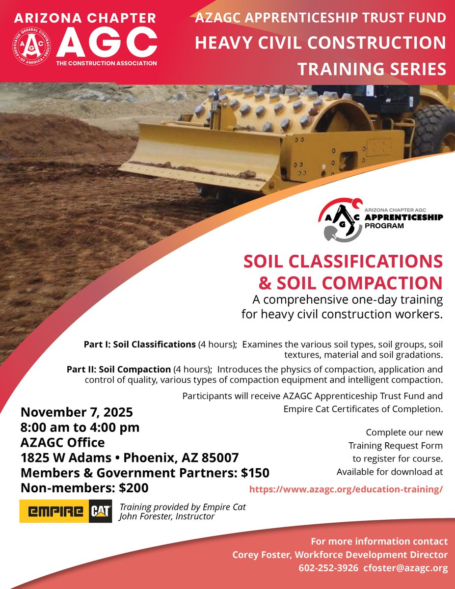 Soil Classifications &amp; Soil Compaction training happening November 7, 2025 at the AZAGC. To register visit azagc.org/education-trai…
