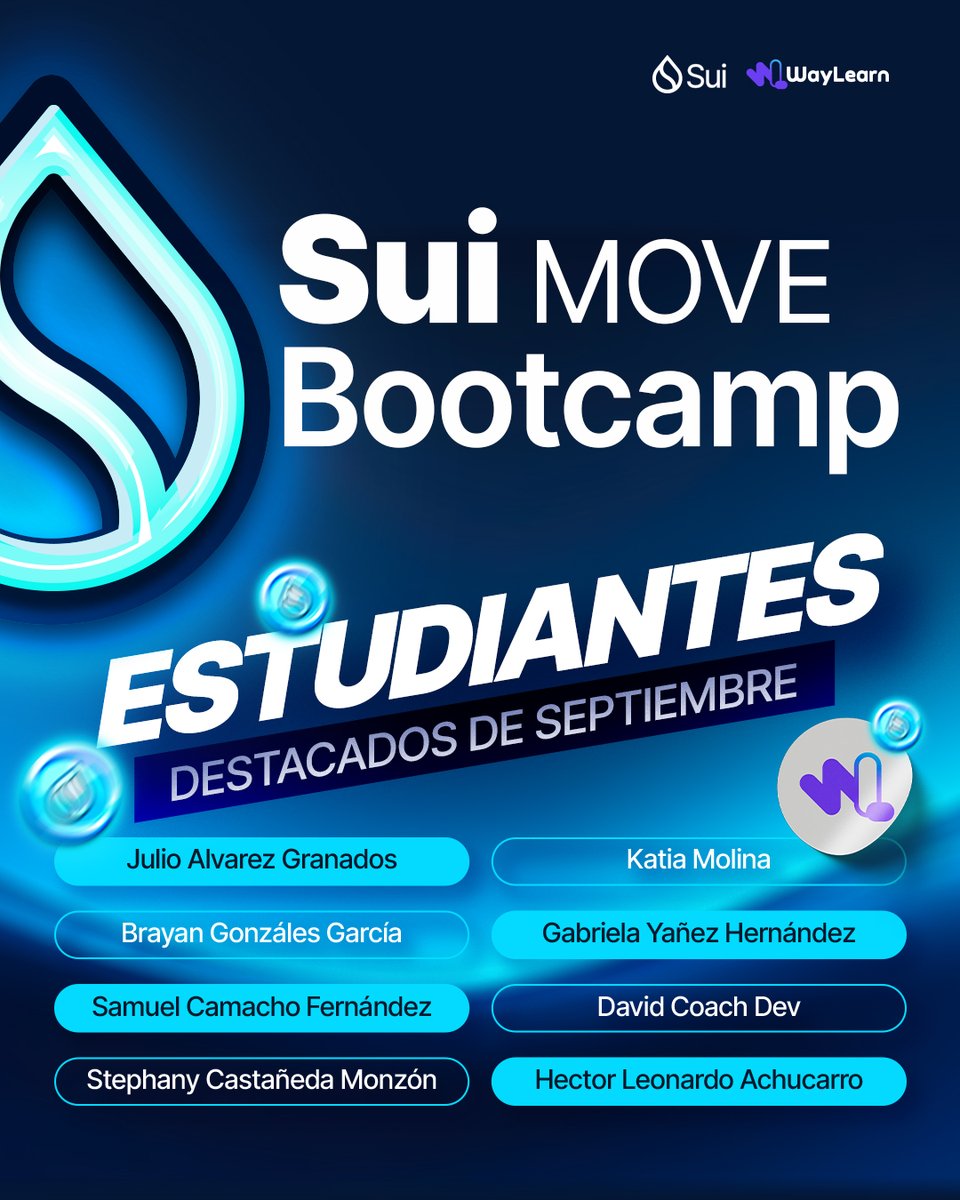 SuiLatamdevs's tweet image. 🌟 Sui Stars de Septiembre 🌟

Estos estudiantes brillaron en el Sui Developer Bootcamp.  

Seguimos llenando de @SuiNetwork todo Latam junto a  @waylearnlatam .
