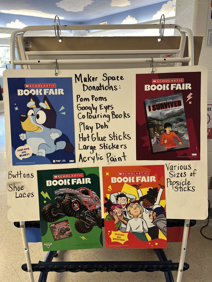 Thank you for coming to the Fall Book Fair! The winner of the door prize was a new student, ES in Mrs. Gabrielse class! Happy reading everyone! If you have donations of the items listed on the board please send them to school for our maker space. We are starting to create 🤩