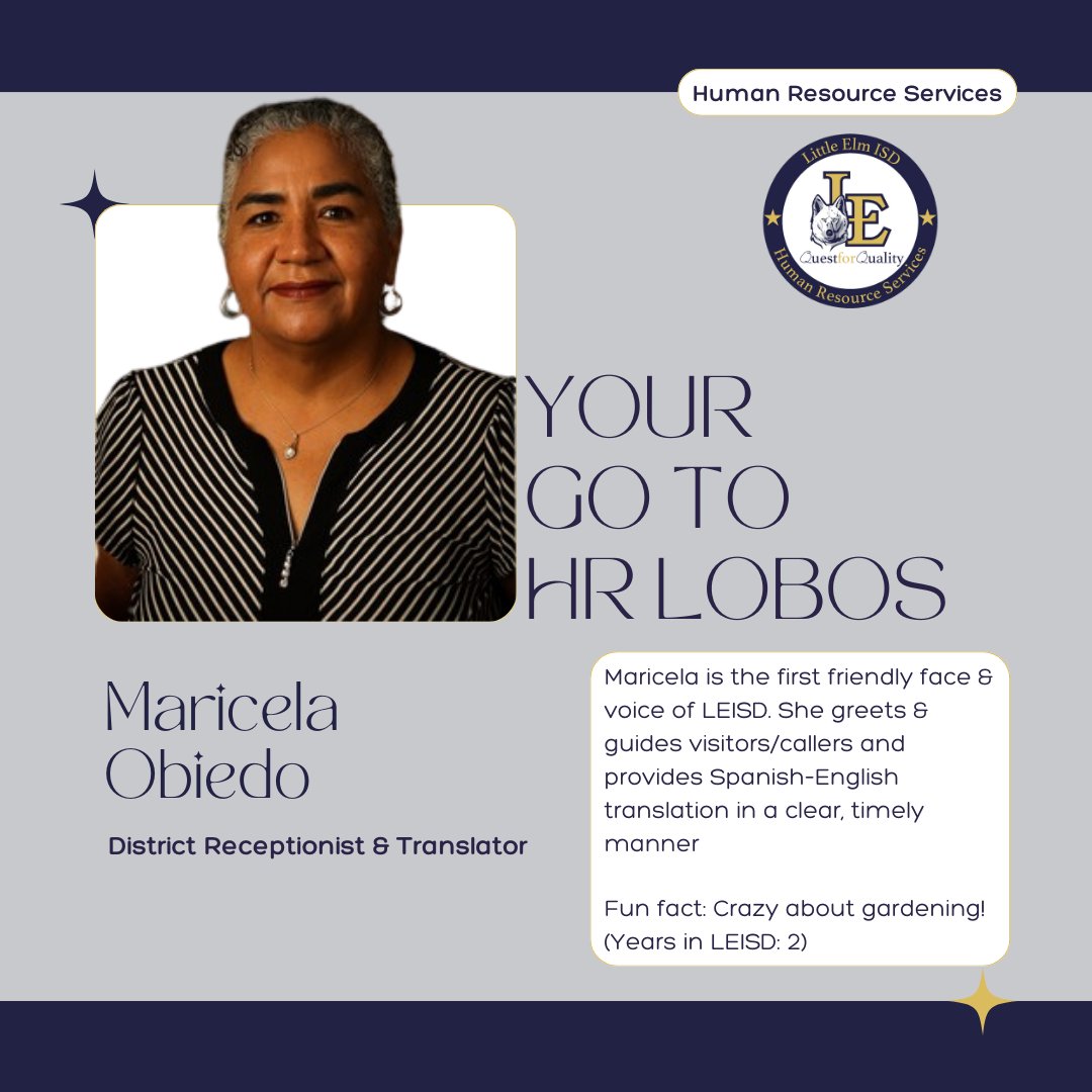 Meet the Team Monday: Maricela Obiedo, District Receptionist &amp; Translator, the first friendly voice you hear at LEISD, guiding families and providing Spanish–English translation with care. Avid gardener. (Years in LEISD: 2) 💙🐺 <a href="/leisd/">Little Elm ISD</a> #MeetTheTeamMonday #LoboFamiLE #YourGoToHR
