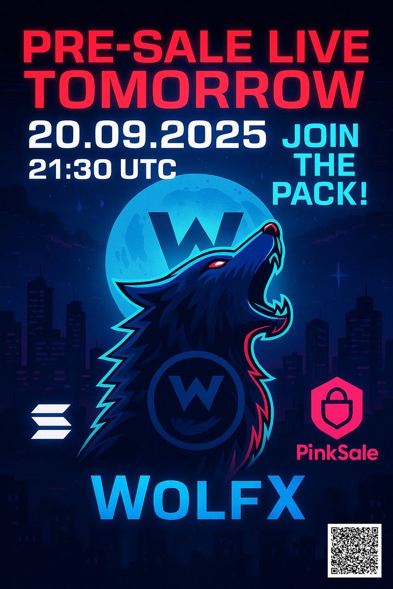 🐺 WolfX Pack is HOWLING!  
Pre-sale hits TOMORROW 20.09 21:30 UTC!  
Join the pack and become a WolfX 🐺
Join NOW or miss the MOON RISE! 🌕🚀  

pinksale.finance/solana/launchp…  

#WolfX #JoinThePack #Solana #Pinksale #Presale #MemeCoin