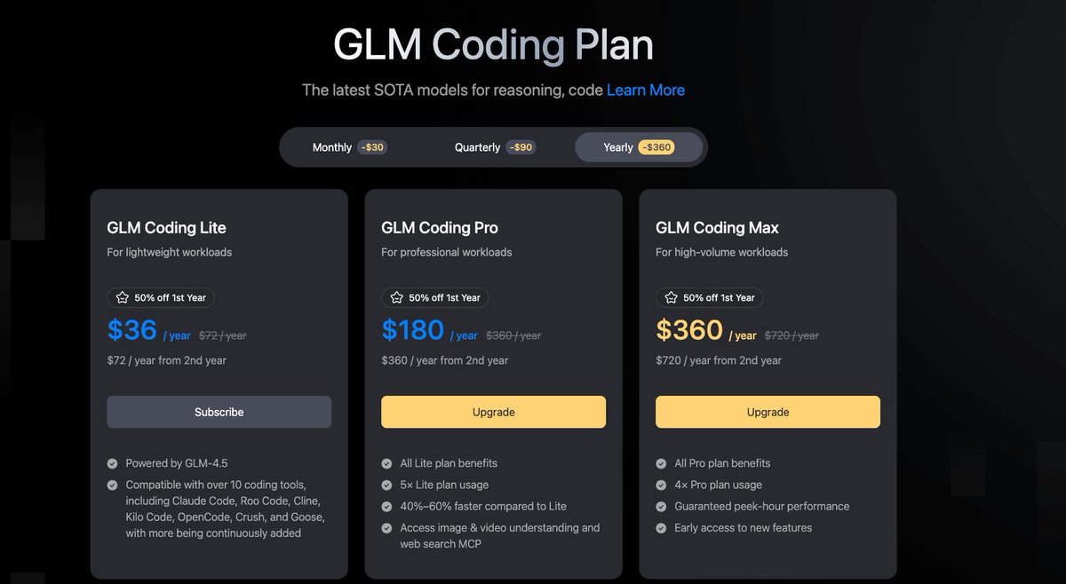 GLM Coding plans by <a href="/Zai_org/">Z.ai</a> 

These are literally the best bang for buck coding plans for experimental projects/vibe coding. I do have office provided Copilot with Sonnet,GPT5,etc. So $36 a year GLM Lite is more than enough for me.
z.ai/subscribe?cc=f…
