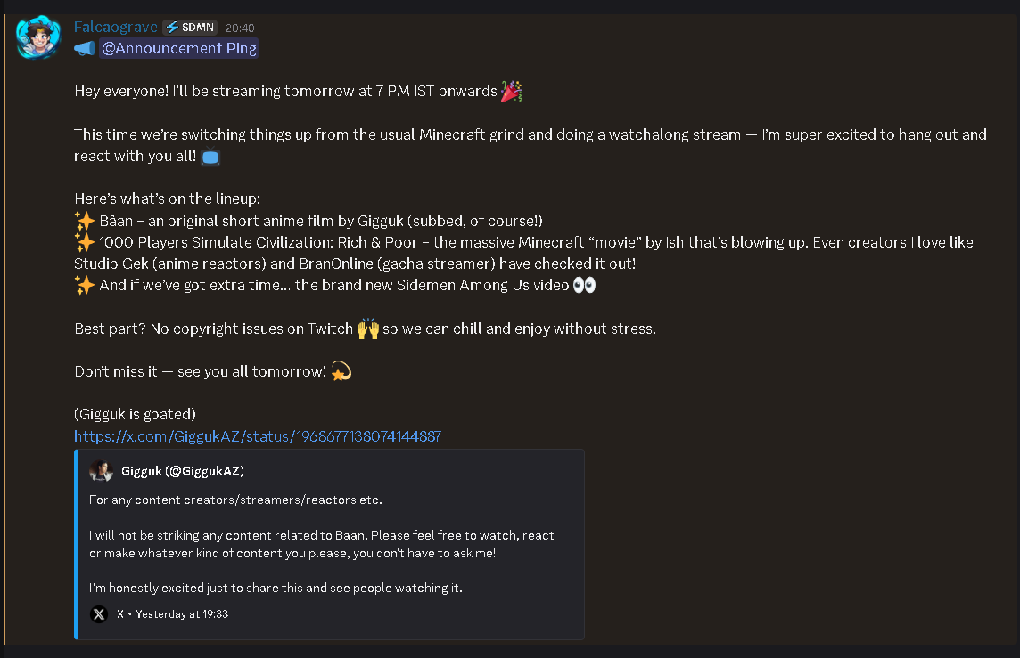 🎉 BIG WATCHALONG STREAM TOMORROW 🎉

✨ Bâan – anime short film by <a href="/GiggukAZ/">Gigguk</a> (subbed!)

✨ 1000 Players Simulate Civilization: Rich &amp; Poor the insane Minecraft “movie” by <a href="/ish13c/">ish</a> that everyone’s talking about

✨ And if we’ve got time… the latest SDMN Among Us video (<a href="/CHIPFAT_/">CHIPFAT</a>)