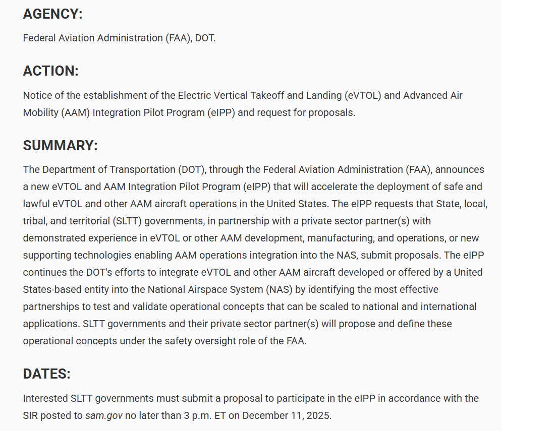 Electric Vertical Takeoff and Landing and Advanced Air Mobility Integration Pilot Program-Announcement of Establishment of Program and Request for Proposals.
A Notice by the Federal Aviation Administration on 09/16/2025
federalregister.gov/documents/2025…