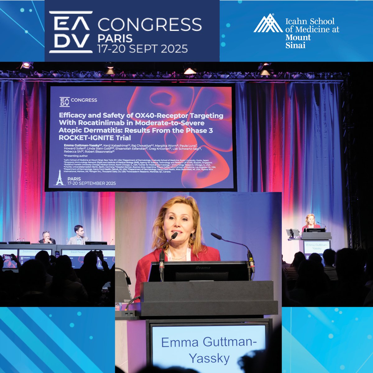 MSHSDerm's tweet photo. Explored by @EmmaGuttman— “Efficacy and Safety of OX40-Receptor Targeting w- Rocatinlimab in Mod-to-Severe AD: Results from Phase 3 ROCKET-IGNITE Trial” in the Free Communication (Atopic Dermatitis/Eczema) session— at #EADVCongress 2025 #Paris @IcahnMountSinai @eadv 🔬#research https://t.co/5XjaBqdxgp