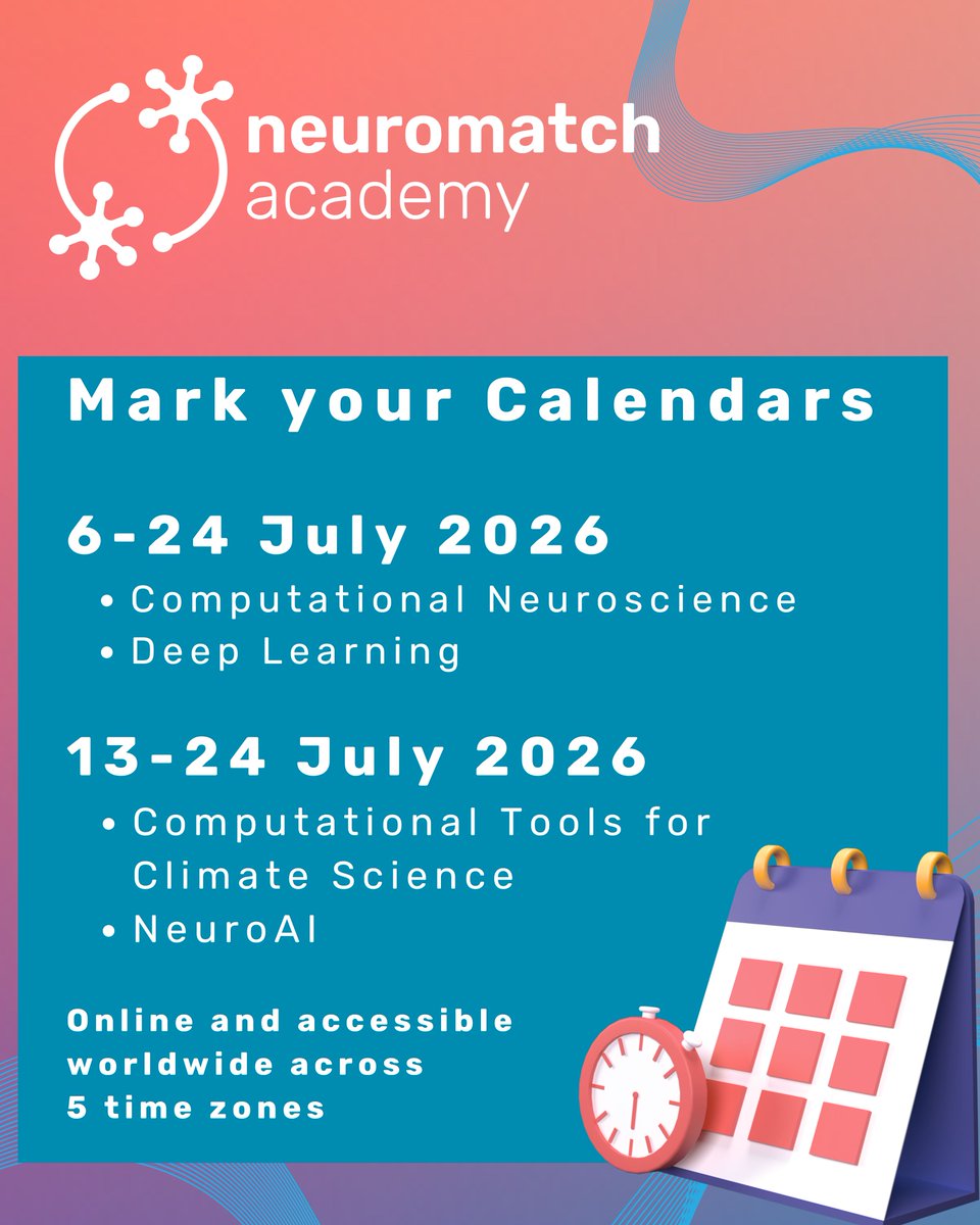 neuromatch's tweet image. Neuromatch Academy 2026 is coming!
✅ Hands-on projects
✅ Global community
✅ Affordable fees
Applications open Feb 2026.
Learn more: buff.ly/4QOsCoN
Sign up for updates: buff.ly/i8h5t6f
#ComputationalNeuroscience #DeepLearning #ClimateScience #NeuroAI