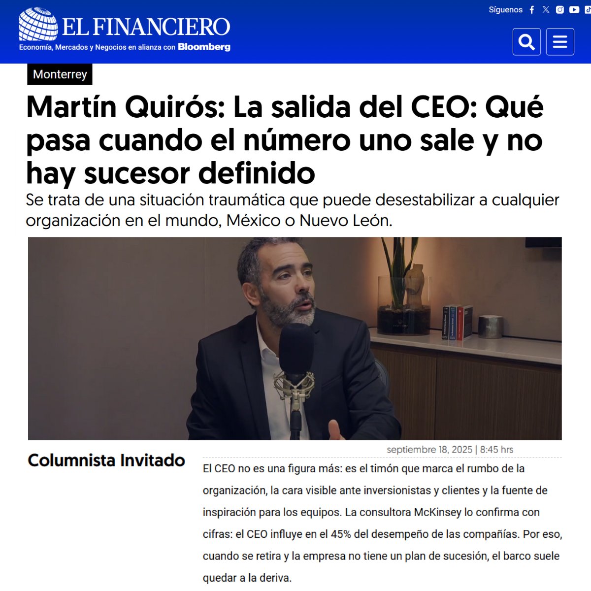 🧭La salida del CEO: Qué pasa cuando el número uno sale y no hay sucesor definido

Compartí una nueva columna para Diario El Financiero de México donde exploro cómo una transición mal planificada puede afectar a la organización, al empresario y su entorno

elfinanciero.com.mx/monterrey/2025…