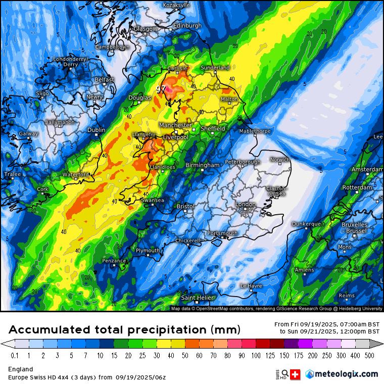We see the persistent rain arrive tomorrow. High resolution models are now well in range to show the potential totals, but models are still not converging on the potential outcome.

AROME is going for a large swathe of 30-40mm of rain in the area where models have continuously