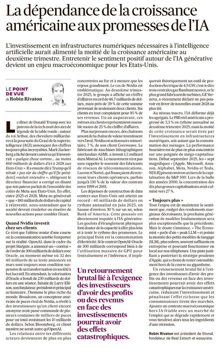 RobinRivaton's tweet image. Une croissance américaine de plus en plus tirée par la construction de data centers alors que les autres indicateurs s'effritent = prudence