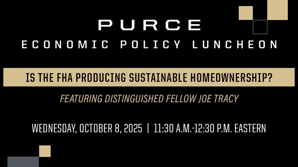 Purdue University Research Center in Economics (@purduepurce) on Twitter photo We bring in a special guest for our October economic policy luncheon, <a href="/PurdueBusiness/">Purdue Daniels School of Business</a> Distinguished Fellow Joseph Tracy. Registration is open and closes 10/3. There's a  change coming at the FHA that would increase the sustainability of homeownership.
business.purdue.edu/centers/purce/… We bring in a special guest for our October economic policy luncheon, <a href="/PurdueBusiness/">Purdue Daniels School of Business</a> Distinguished Fellow Joseph Tracy. Registration is open and closes 10/3. There's a  change coming at the FHA that would increase the sustainability of homeownership.
business.purdue.edu/centers/purce/…