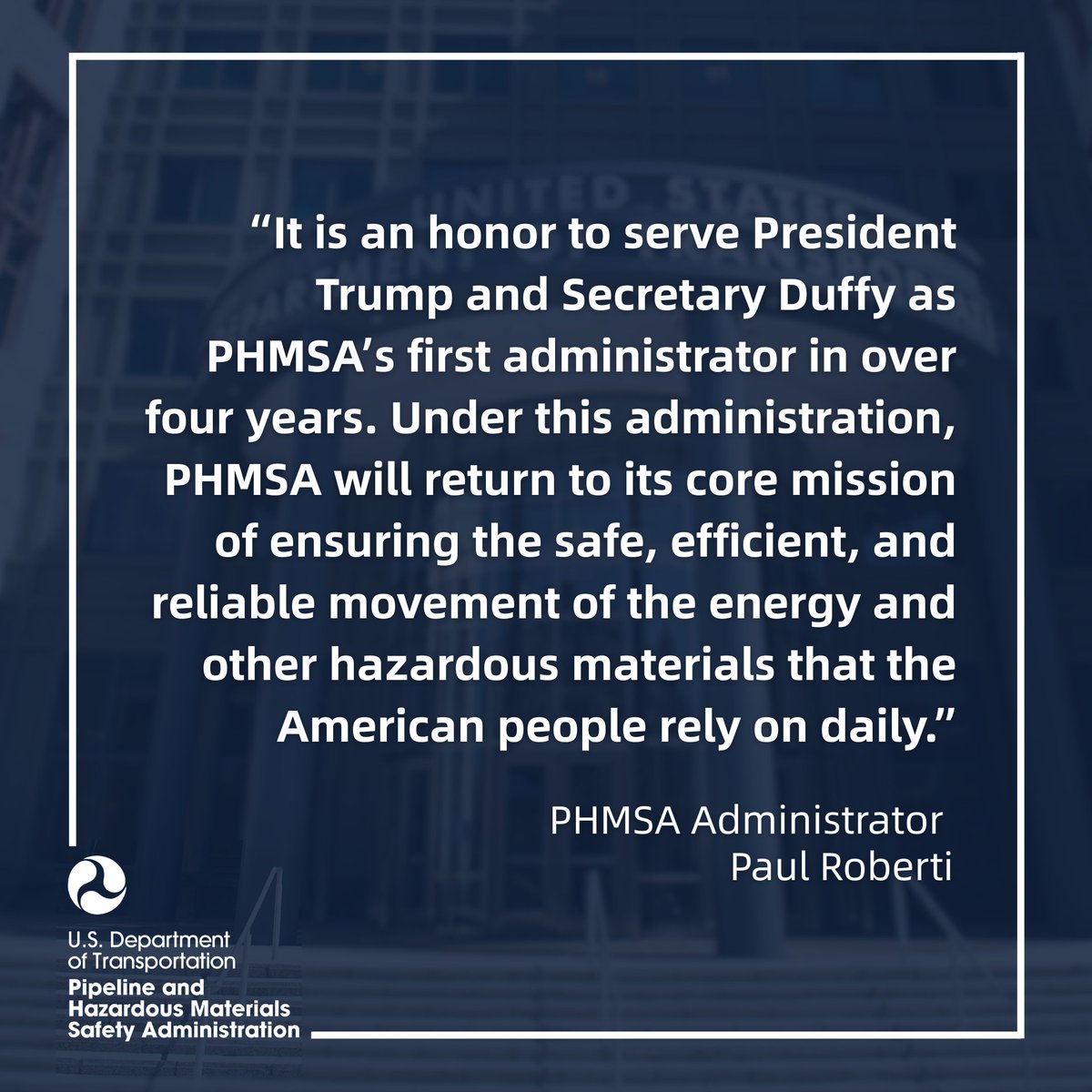 .<a href="/SecDuffy/">Secretary Sean Duffy</a> welcomes Paul Roberti as the 6th Administrator of PHMSA! 

Under his leadership, PHMSA will continue advancing the safe transportation of hazardous materials, protecting people and the environment, and delivering on President Trump's bold transportation agenda to get