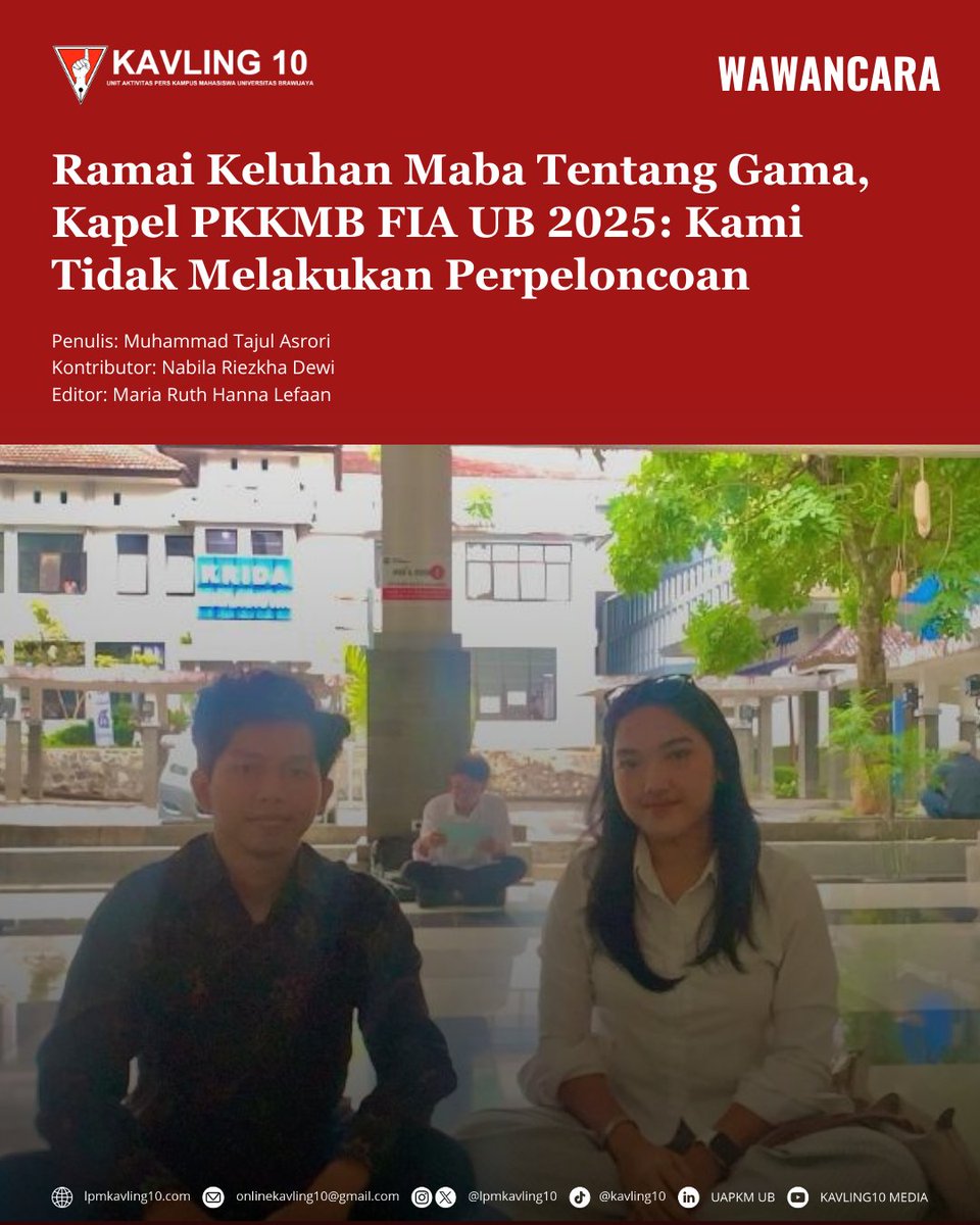 lpmkavling10's tweet photo. [WAWANCARA]

Ramai Keluhan Maba Tentang Gama, Kapel PKKMB FIA UB 2025: Kami Tidak Melakukan Perpeloncoan

Baca selengkapnya di website kami: https://t.co/knirt2IDNk

Penulis: Muhammad Tajul Asrori
Kontributor: Nabila Riezkha Dewi
Editor: Maria Ruth Hanna Lefaan

#PKKMB #FIAUB https://t.co/WUQuQYW1LL