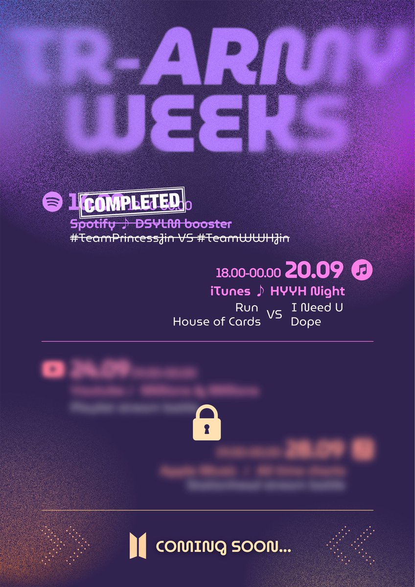 TR-ARMY WEEKS 🥳

Türk Armyler olarak hep beraber çeşitli etkinliklerde buluşacağımız TR-ARMY WEEKS projemize hoşgeldiniz!

Yarın akşam HYYH iTunes gecesiyle 2. etkinliğimiz başlıyor, BTS’in büyük geri dönüşüne kadar devamı gelecek etkinliklerimize herkesi bekliyoruz! 💜