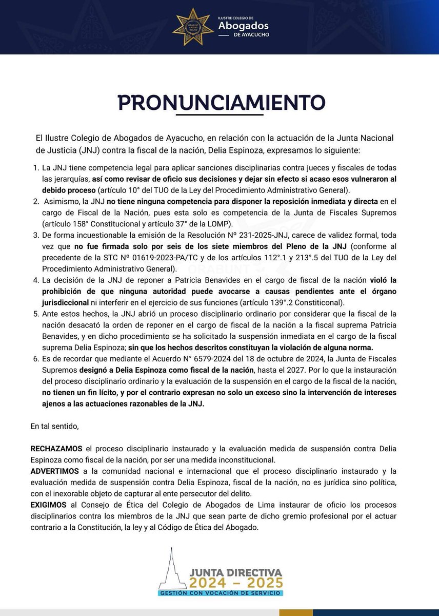 #AYACUCHO El Colegio de Abogados de Ayacucho rechaza el proceso disciplinario contra la fiscal Delia Espinoza, cuestiona la competencia d la JNJ, exige al Consejo de Ética de Lima investigar a sus miembros x violar la Constitución y advierte q el proceso es político, no jurídico.