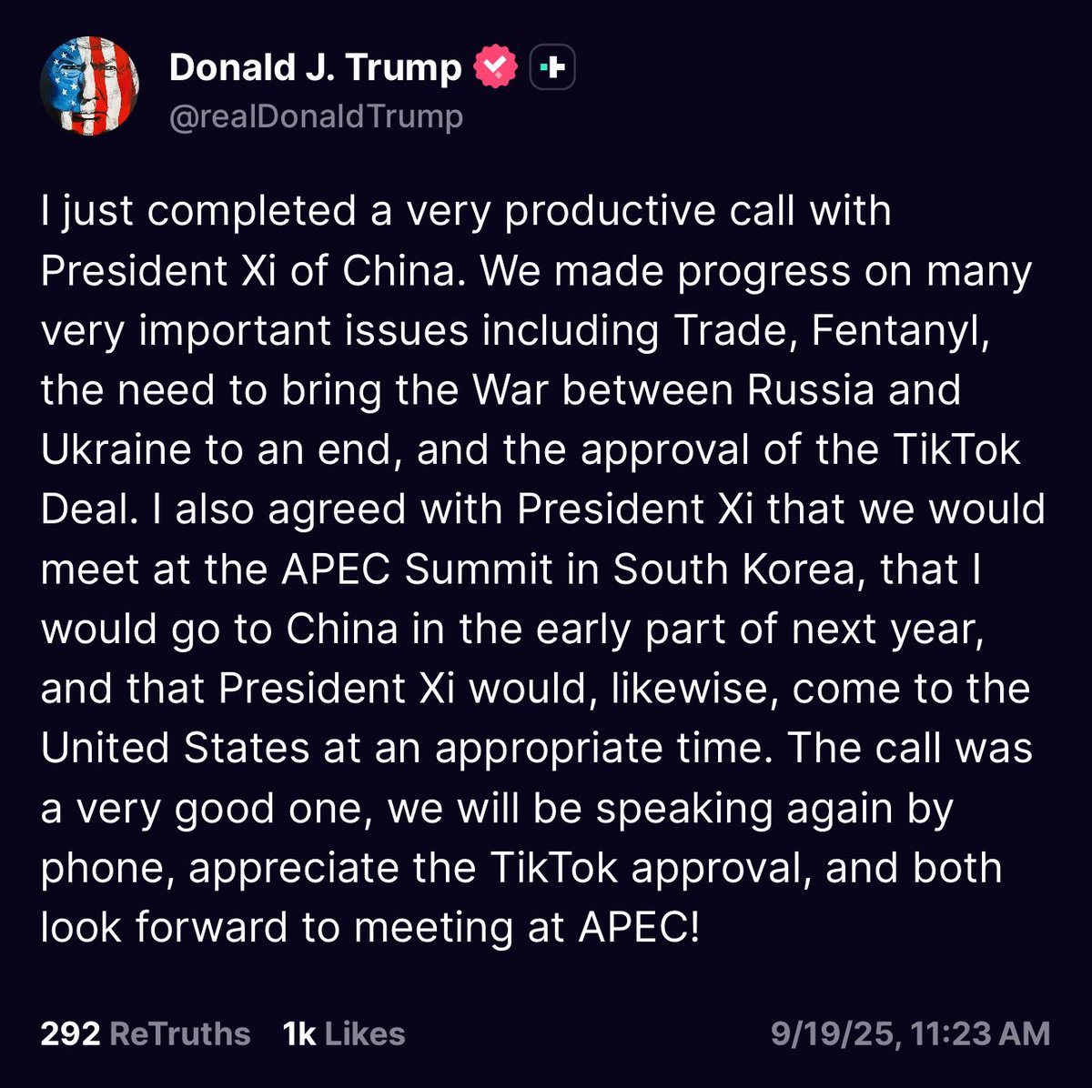 Trump says he’ll meet Xi in person at the APEC summit and travel to China early next year. He says he “appreciate(s) the TikTok approval,” signaling they’ve agreed to preserve U.S. operations of the app.