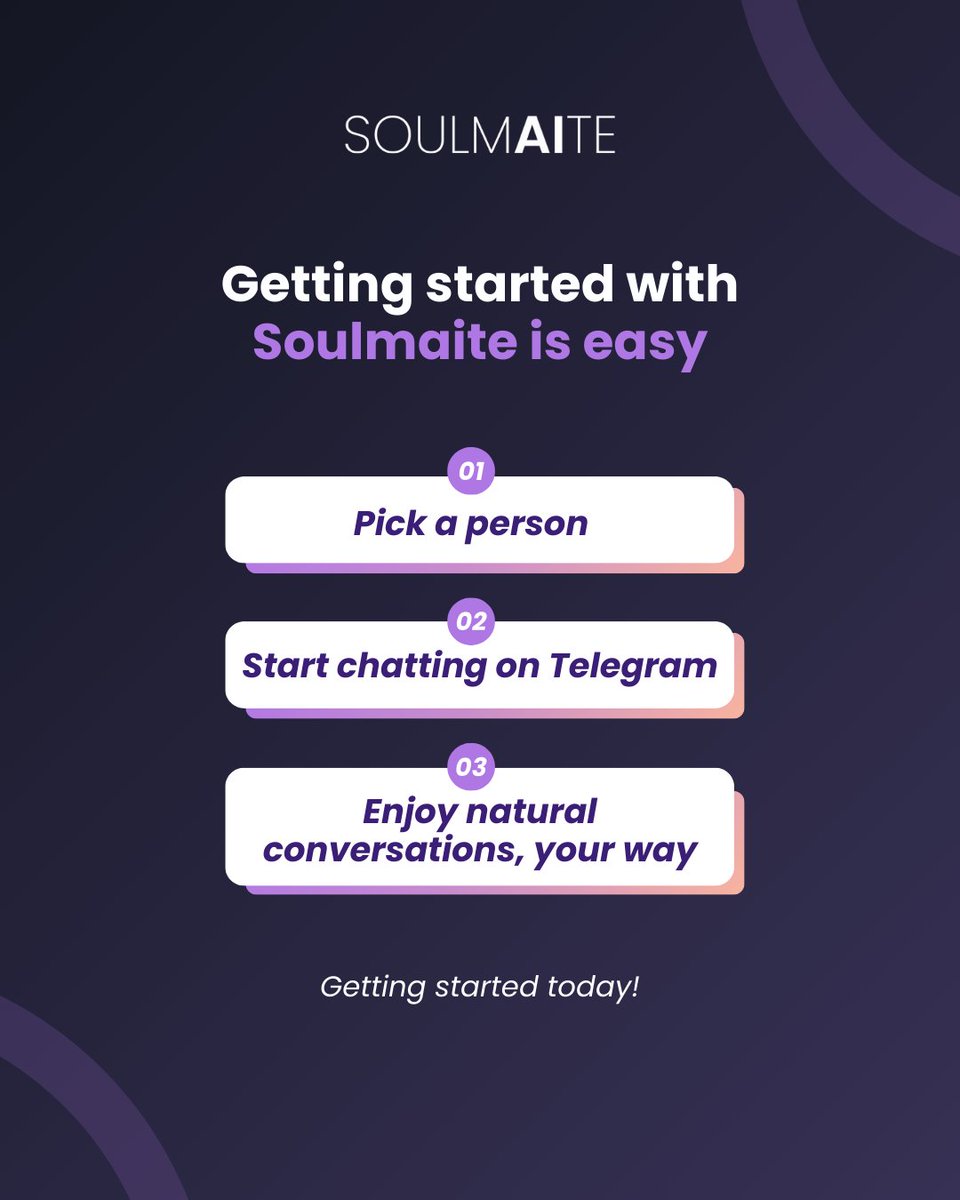 soulmaite_io's tweet image. Starting with Soulmaite is simple and seamless.

Pick your person, start chatting, and enjoy meaningful conversations anytime. 💬

Your safe and natural connection is just one step away.

👉 Try it now at soulmaite.io

#soulmaite #virtualcompanion #easyconnection