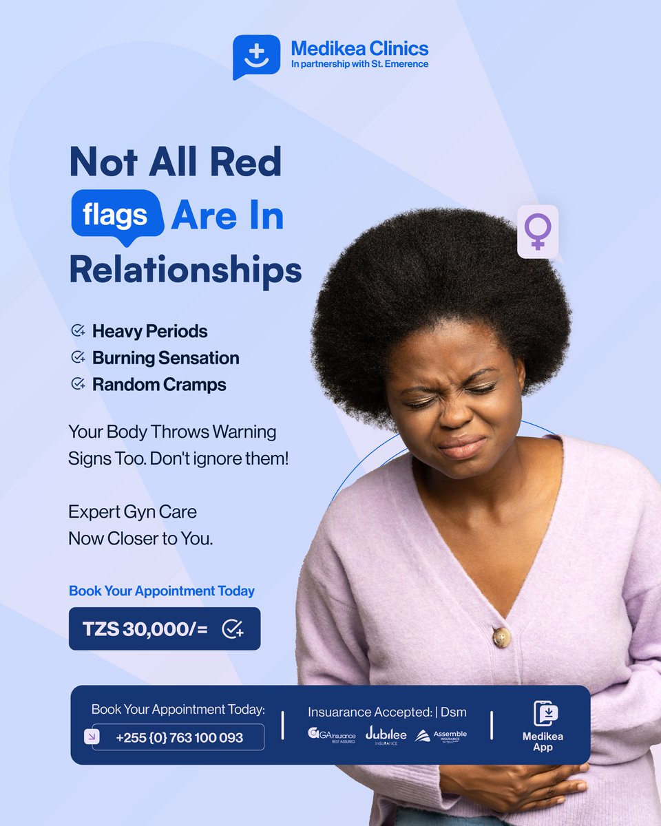 Not all red flags are in relationships. Your body sends warning signs too: heavy periods, burning sensations, and random cramps shouldn’t be ignored.

👩‍⚕️ Book your expert Gyn Care appointment today for only TZS 30,000/=

#MedikeaCare #WomensHealth #YourBodyMatters