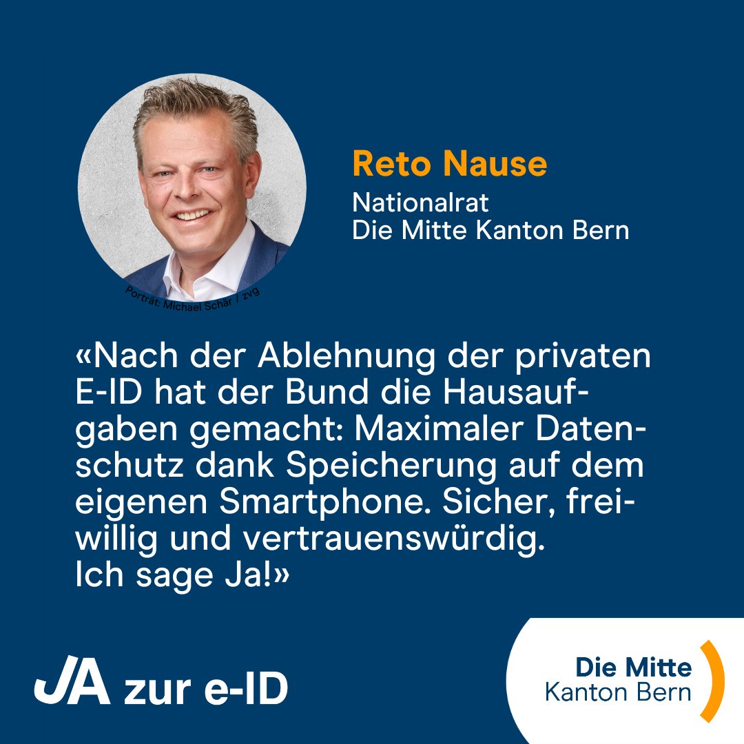 DieMitte_BE's tweet photo. Unser Nationalrat Reto Nause sagt ganz klar Ja zum E-ID Gesetz - denn der Bund hat seine Hausaufgaben vom letzten Mal gemacht.
#DieMitteBE #GRBE #GrosserRat #KantonBern #Politik #EID #EIDGesetz #Abst25 https://t.co/70oxhLLopm