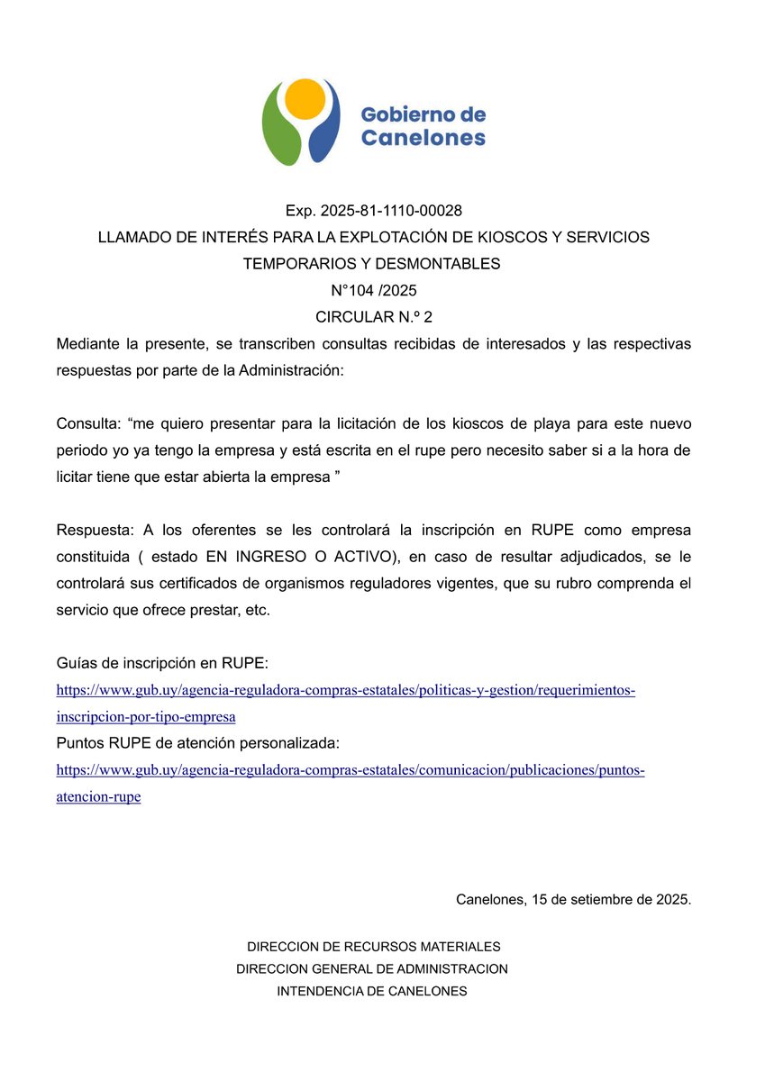 ℹ Ante las consultas que se está recibiendo sobre este Llamado público para la instalación de servicios en las costas de Canelones, compartimos información que puede ser de utilidad para quienes quieran presentarse.
👉Ver información, consultas y pliego:
turismo.imcanelones.gub.uy/datos-utiles/n…