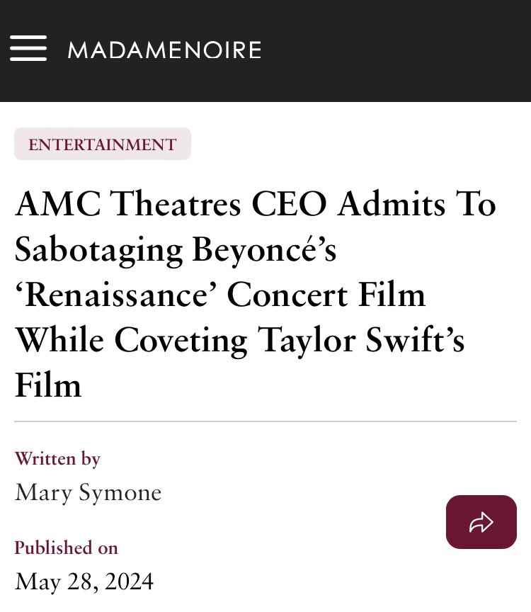 O CEO da AMC admitindo que vazaram a ideia da Beyoncé para beneficiar a Taylor (que lançou um filme concerto em menos da metade da tour)