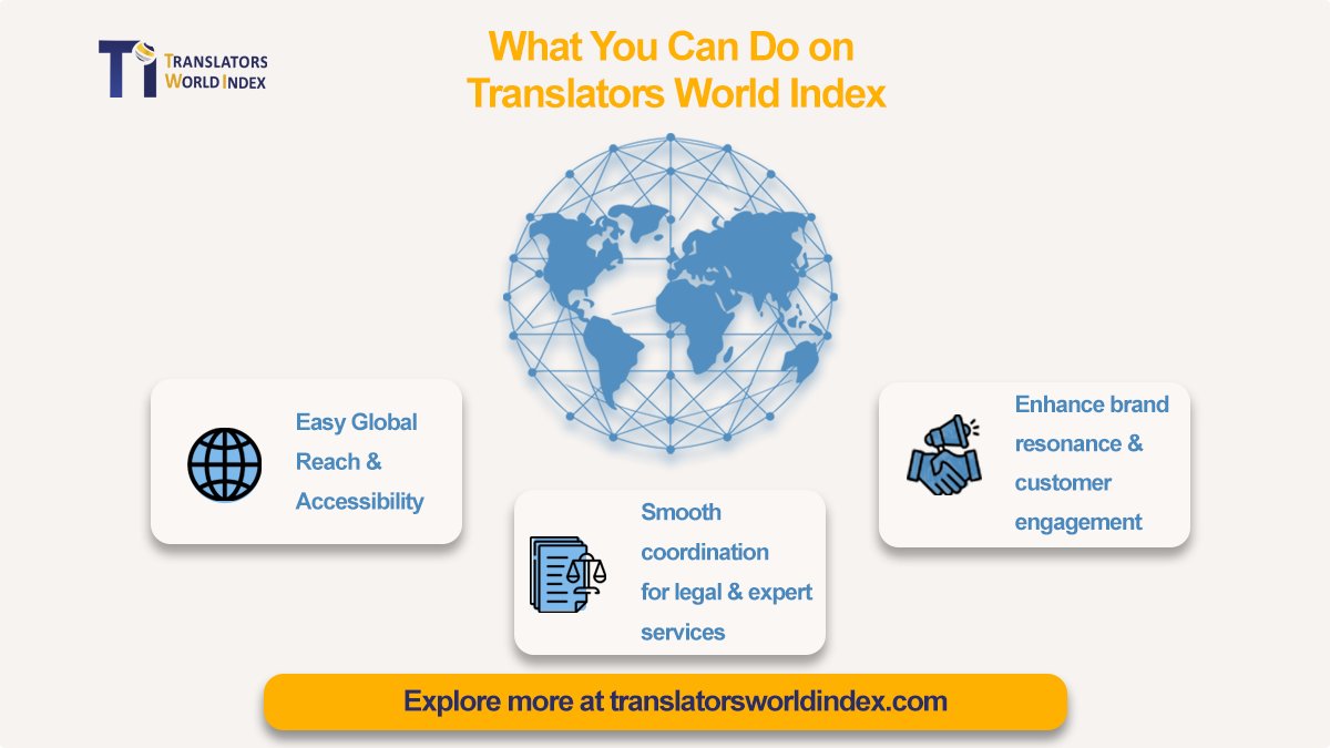 TranslatorsWI's tweet image. 🌐 Translators World Index offers a suite of benefits:

1️⃣ Easy Global Reach &amp;amp; Accessibility.
2️⃣ Smooth Coordination between legal teams, experts, law firms &amp;amp; linguistic services.
3️⃣ Boosted Brand Resonance &amp;amp; Customer Engagement across diverse markets.

🔗 translatorsworldindex.com