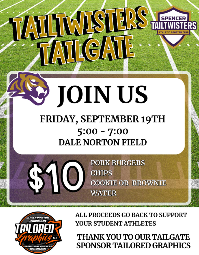 📢 Spencer Tiger Football Gameday! 🏈

Get ready to cheer on our Spencer Tigers tonight at Dale Norton Field! The Tigers are facing off against their rivals at 7:00 PM.

Tailtwister's Tailgate from 5 PM to 7 PM!

See you there! Let's go, Tigers! 🐅

#SpencerTigerFootball