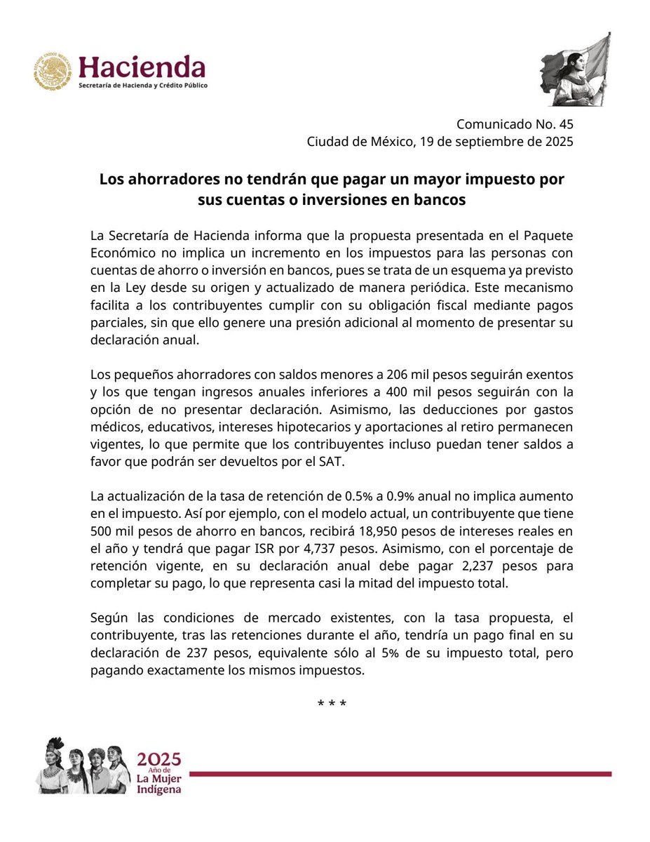 🔴 ATENCIÓN : MIENTE LA <a href="/Hacienda_Mexico/">Hacienda</a> ; la REDACCIÓN EN LA PÁG 73 de la Ley de Ingresos es MUY CLARA ; “0.90% sobre el monto del capital que dé lugar al pago de los intereses” . VAN SOBRE TU AHORRO” No tiene nada que ver lo que dice Hacienda !