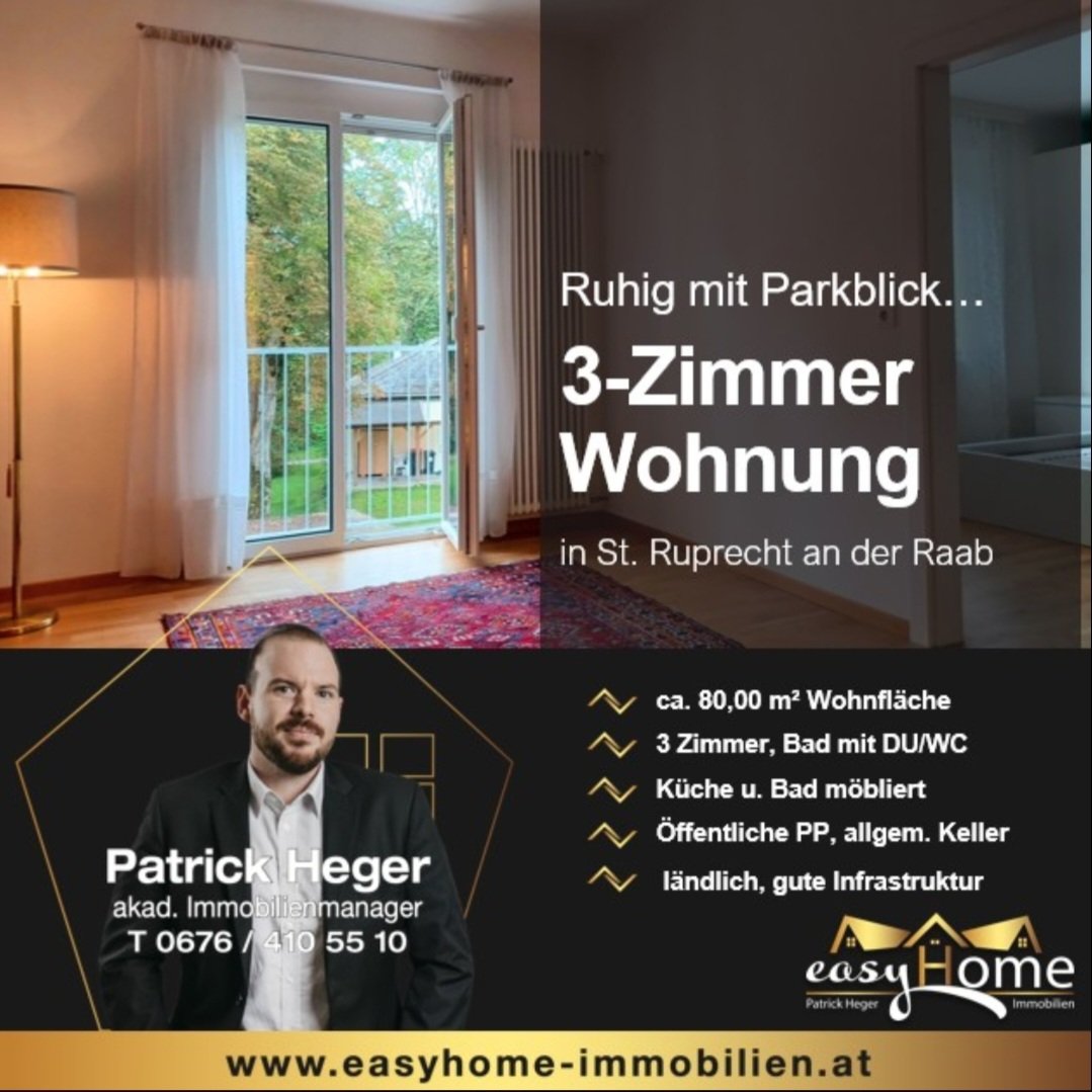 🏡 Neu bei easyHome Immobilien!
Traumhafte Wohnung im Herzen von St. Ruprecht an der Raab! 🆕

📐 Ca. 80 m² Wohnfläche
🛏️ 1 Schlafzimmer
🛋️ Großzügiger Wohnbereich
🍽️ Extra Küche
🚿 Modernes Bad mit Dusche &amp; WC
🖥️ Eingangsbereich mit französischem Balkon

easyhome-immobilien.at