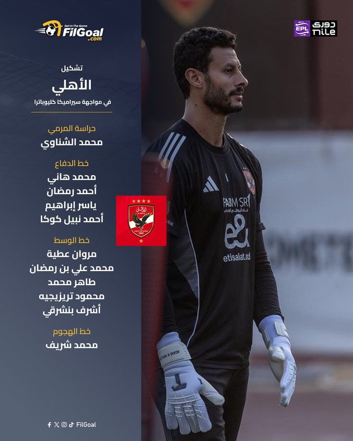 Yasser Ibrahim wearing a black goalkeeper jersey with white stripes and gloves, standing on a field. The jersey features the Al Ahly logo and sponsor logos including Etisalat and RAK Bank. Arabic text overlays list player names and team lineups.