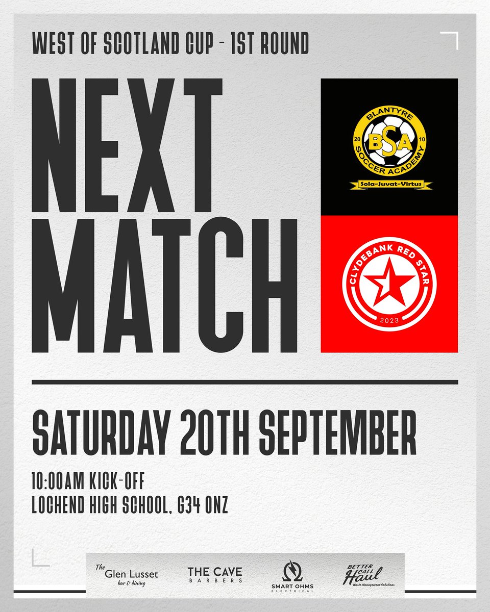 NEXT MATCH ⚽️

Our West of Scotland Cup campaign begins tomorrow as we travel to face Blantyre Soccer Academy.

🔴⚫️

<a href="/GlasCollegesFA/">Glasgow Colleges FA</a> 
<a href="/ftsc0res/">fulltimesc0res</a> 
<a href="/scottish_aff/">AmateurFixturesResultsSCO</a> 
<a href="/BlantyreSoccer/">Blantyre Soccer Academy Amateurs</a>