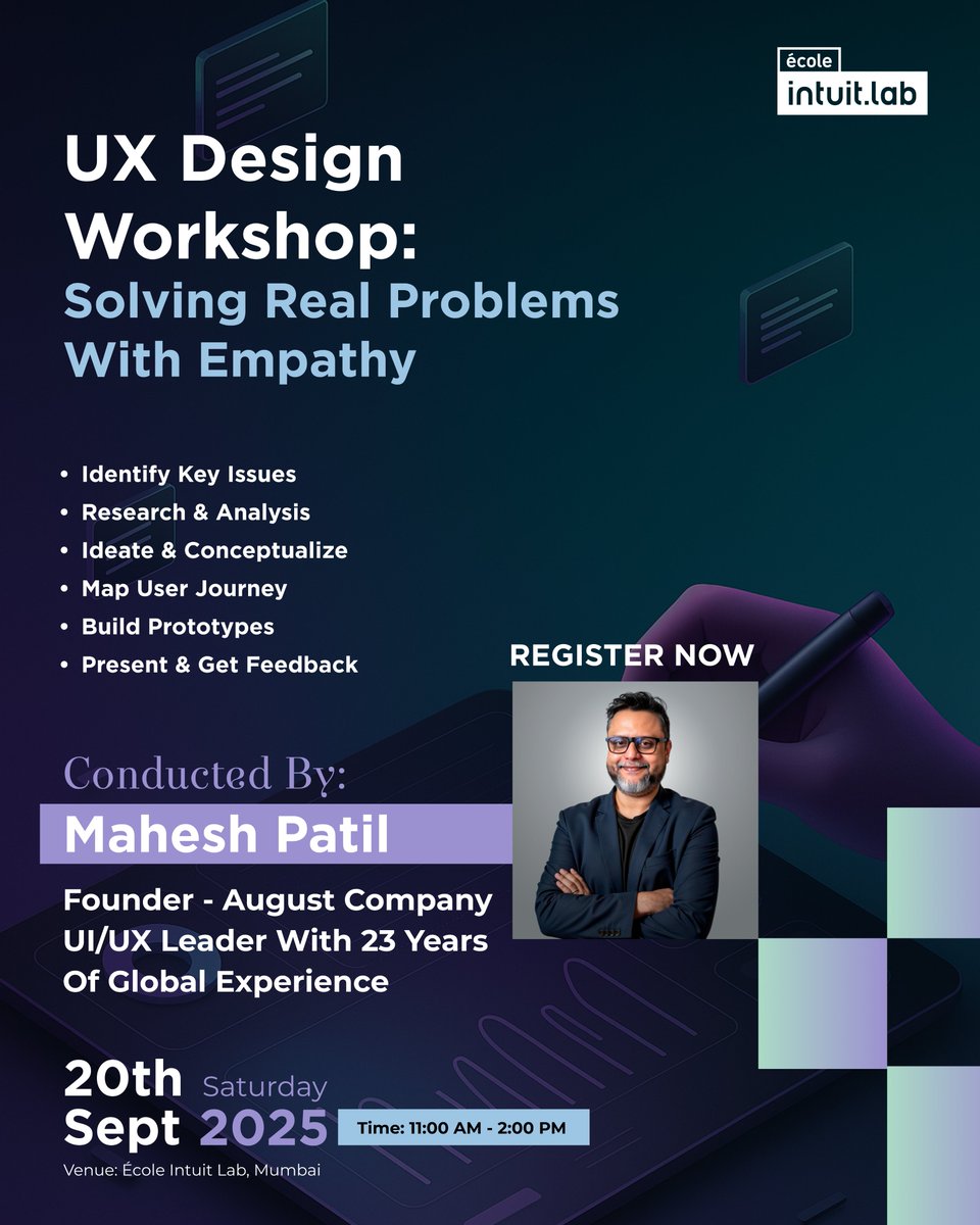 Mahesh Patil (@mahesh_patil) on Twitter photo You don’t need experience to design experiences.
All it takes is curiosity and empathy. ✨
I’m excited to meet young, curious minds at <a href="/intuitlabmumbai/">École Intuit Lab India</a>'s UX workshop. Together we’ll dive into a creative, hands-on session to explore what UX really feels like — from design You don’t need experience to design experiences.
All it takes is curiosity and empathy. ✨
I’m excited to meet young, curious minds at <a href="/intuitlabmumbai/">École Intuit Lab India</a>'s UX workshop. Together we’ll dive into a creative, hands-on session to explore what UX really feels like — from design