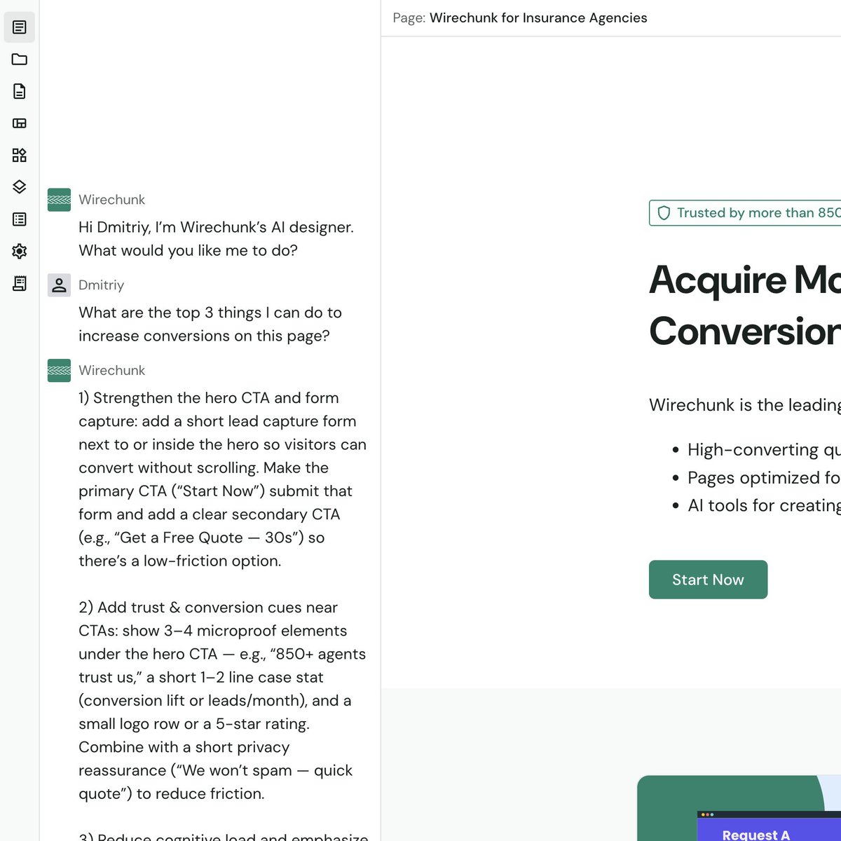 wirechunk's tweet photo. People ask how we create high-converting landing pages. 

We use Wirechunk AI’s Ask Mode.

Type a question like “What are the top 3 things I can do to increase conversions on this page?” and it gives you actionable, thoughtful answers.

👉 Try it at https://t.co/kcgo8b8RrW https://t.co/SIAH9045Sa