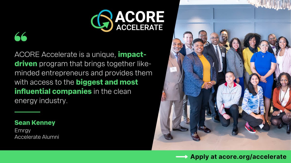 ACORE's tweet photo. 📣Applications are open for the 2026 #ACOREAccelerate cohort!
This two-year program establishes relationships across our influential network of financial institutions and major corporate clean energy buyers.
Click this link to apply. ➡️ https://t.co/9hobq5FRMH https://t.co/JwxqZs3tBa