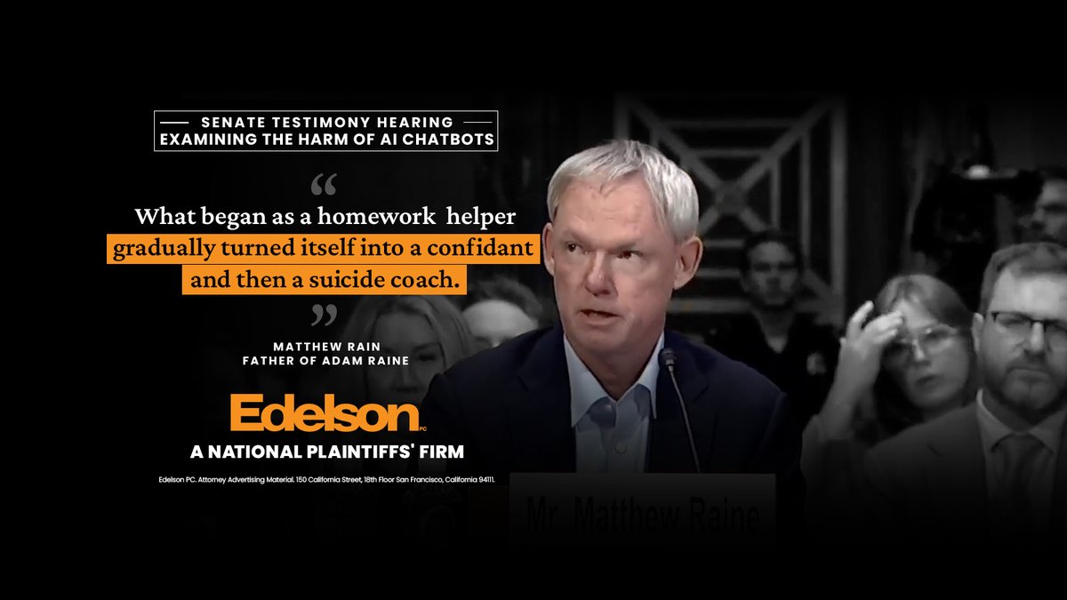 Families testified at this week's Senate hearing about AI chatbots harming our children. <a href="/EdelsonPC/">Edelson PC</a> proudly represented the Raine Family who shared their tragic story.

Parents revealed how AI companies manipulated their kids, leading to self-harm, suicide &amp; destroyed families.