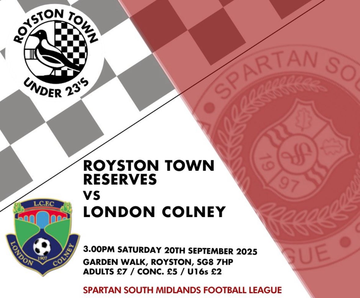On Saturday we welcome <a href="/Londoncoln66141/">Londoncolneyfc</a> to Garden Walk

If you not going to watch the 1st team then come down to the club and support the lads.

📍Garden Walk, Royston SG8 7HP
⏲️ 3.00pm
🎟️ Adults £7; Conc £5; U16's £2
🍻 Bar will be open for snacks, hot &amp; cold refreshments.