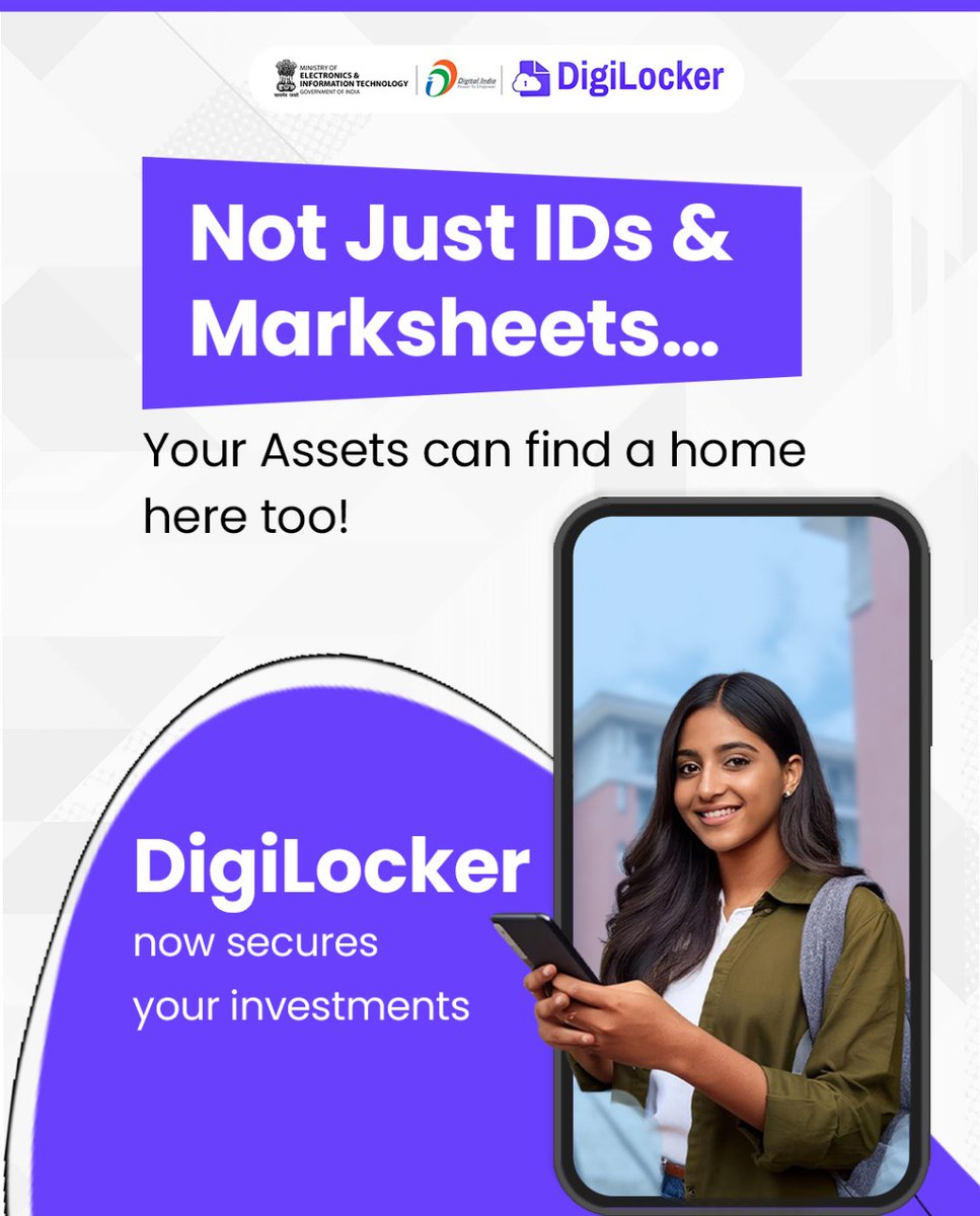 _DigitalIndia's tweet image. DigiLocker isn’t just about Aadhaar &amp;amp; marksheets anymore—it’s your digital vault for investments too! 💹

Enabling secure access to your personal investments, Digilocker ensures your wealth stays protected &amp;amp; never unclaimed.

Get future-ready with DigiLocker. 🌐✨

#DigiLocker…