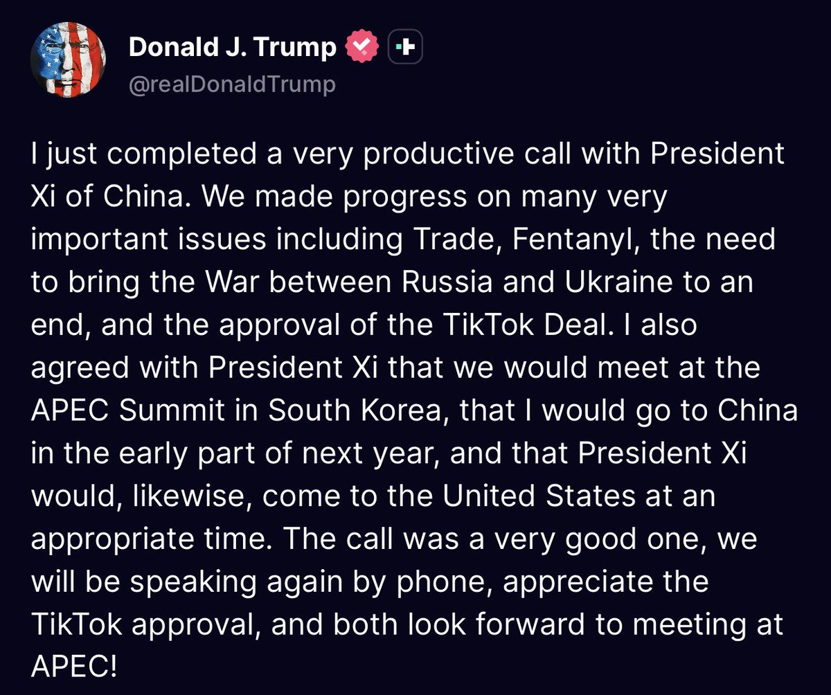 MasterMazaig's tweet photo. 🇺🇸 Breaking: Donald Trump announces a "positive" call with Chinese President Xi Jinping. 🤝
The conversation reportedly centered on trade and the future of TikTok.
#Trump #USChina #TikTok #BreakingNews https://t.co/nfYJUhh0gK