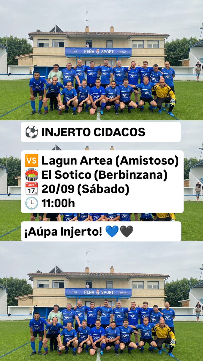 ⚽ INJERTO CIDACOS

🆚 Lagun Artea (Amistoso)
🏟️ El Sotico (Berbinzana)
📆 20/09 (Sábado)   
🕒 11:00h   

¡Aúpa Injerto! 💙🖤