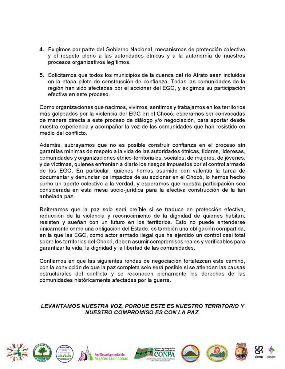 Paz con dignidad: exigencias desde el territorio Chocoano para los diálogos con el EGC