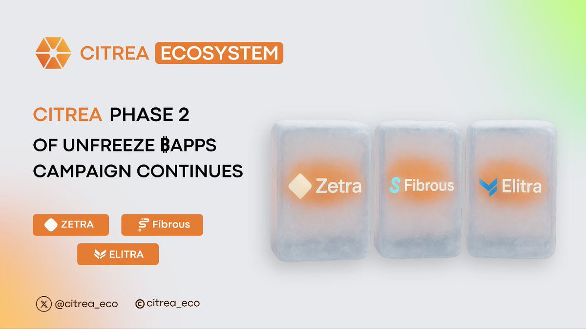 citrea_eco's tweet image. Phase 2 of Unfreeze ₿apps continues 🧊
Getting ready for mainnet & celebrating Citrea’s growth!
3 new projects joined this week:
• Zentra @ZentraFinance
• Fibrous @FibrousFinance
• Elitra @elitraxyz
Momentum keeps building! 🚀 #Citrea #Bapps