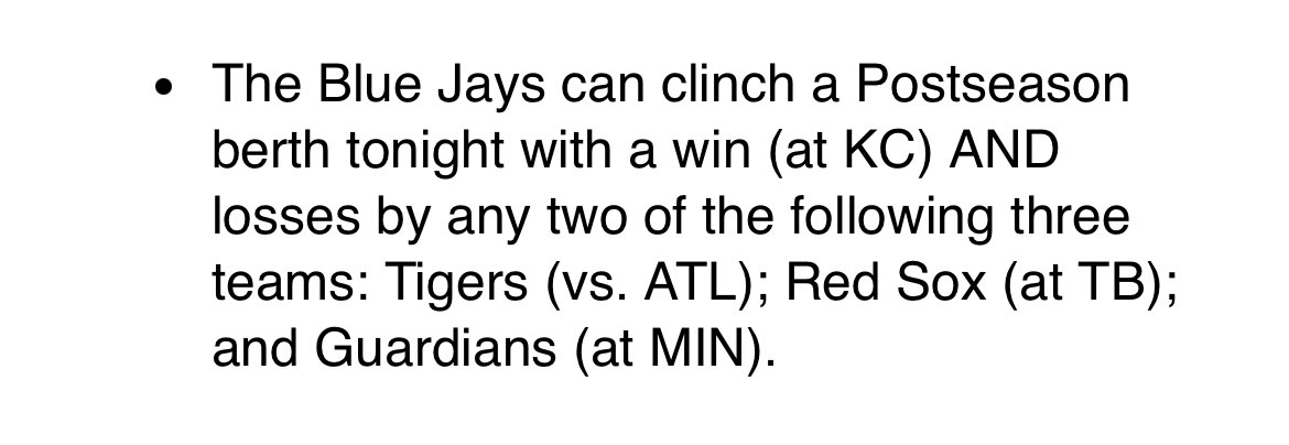 New: The official update from MLB today shows that the #BlueJays can, in fact, clinch tonight if these things happen: