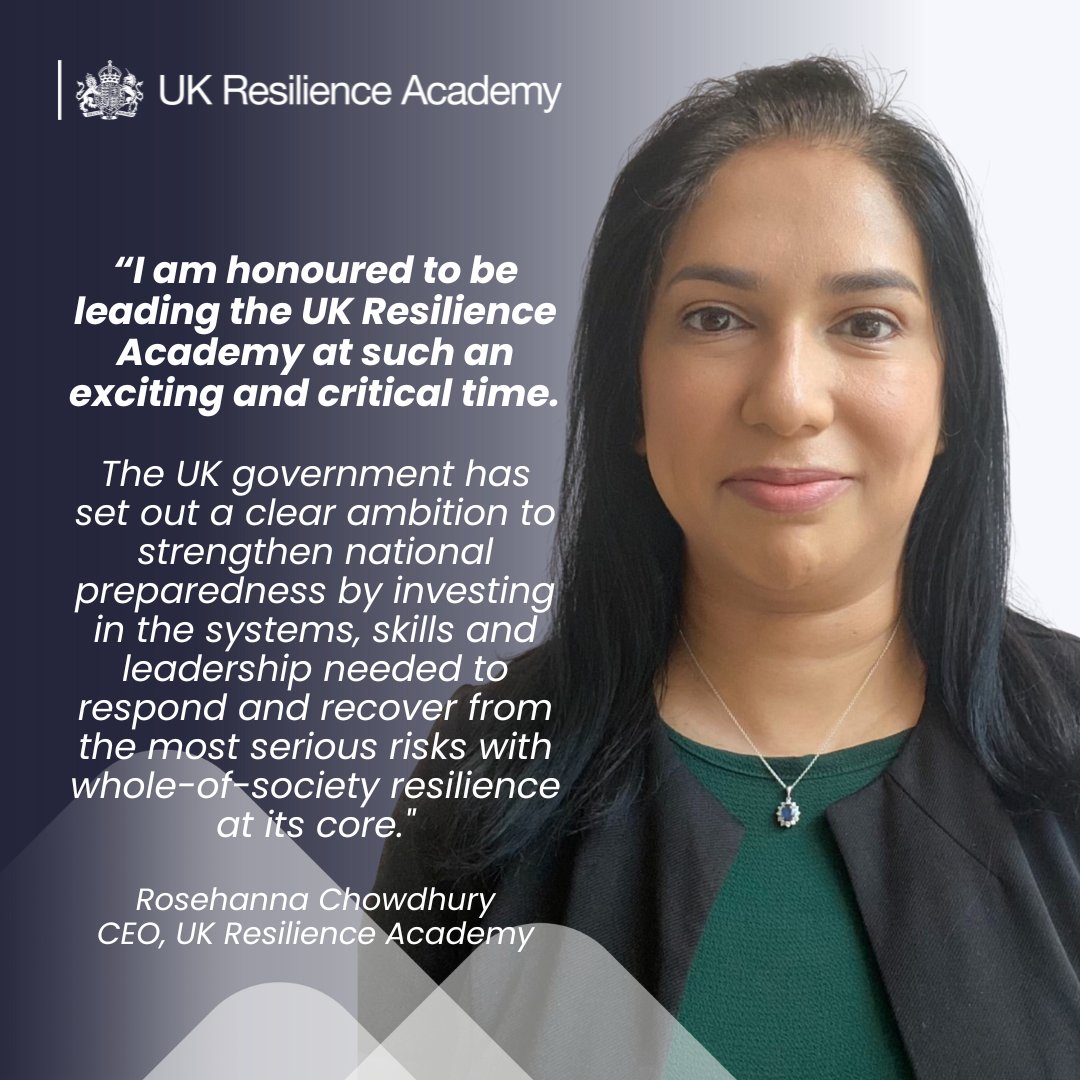 ✨We welcome Rosehanna Chowdhury, new CEO of the UK Resilience Academy! ✨

Find out more about our new CEO here: ukresilienceacademy.org/people/rosehan…

#Resilience #EmergencyPlanning