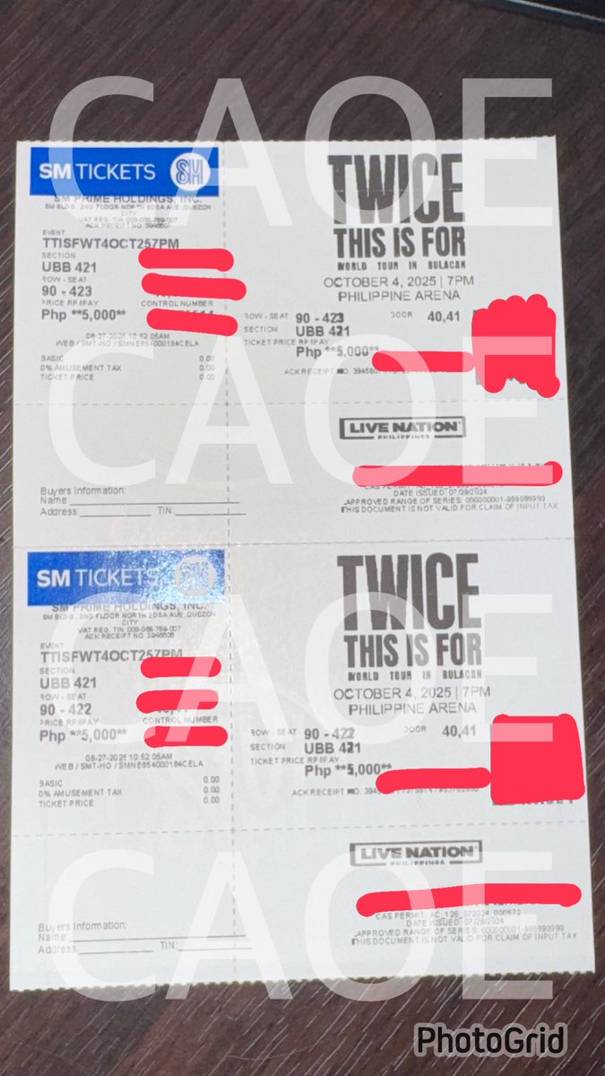 chrisdelier's tweet photo. WTS LFB TWICE THIS IS FOR CONCERT IN BULACAN PH

(2) UBB 421 ADJACENT SEATS
(1) UBB 426 R78
(1) UBB 426 R77

5,000.00 srp + 100.00 ticket fee

- Physical ticket on-hand
- Can do meetup around Metro Manila area only
- DM for more inquiries

#TWICE_THISISFOR_WORLD_TOUR_IN_BULACAN https://t.co/2XKlddXq4f